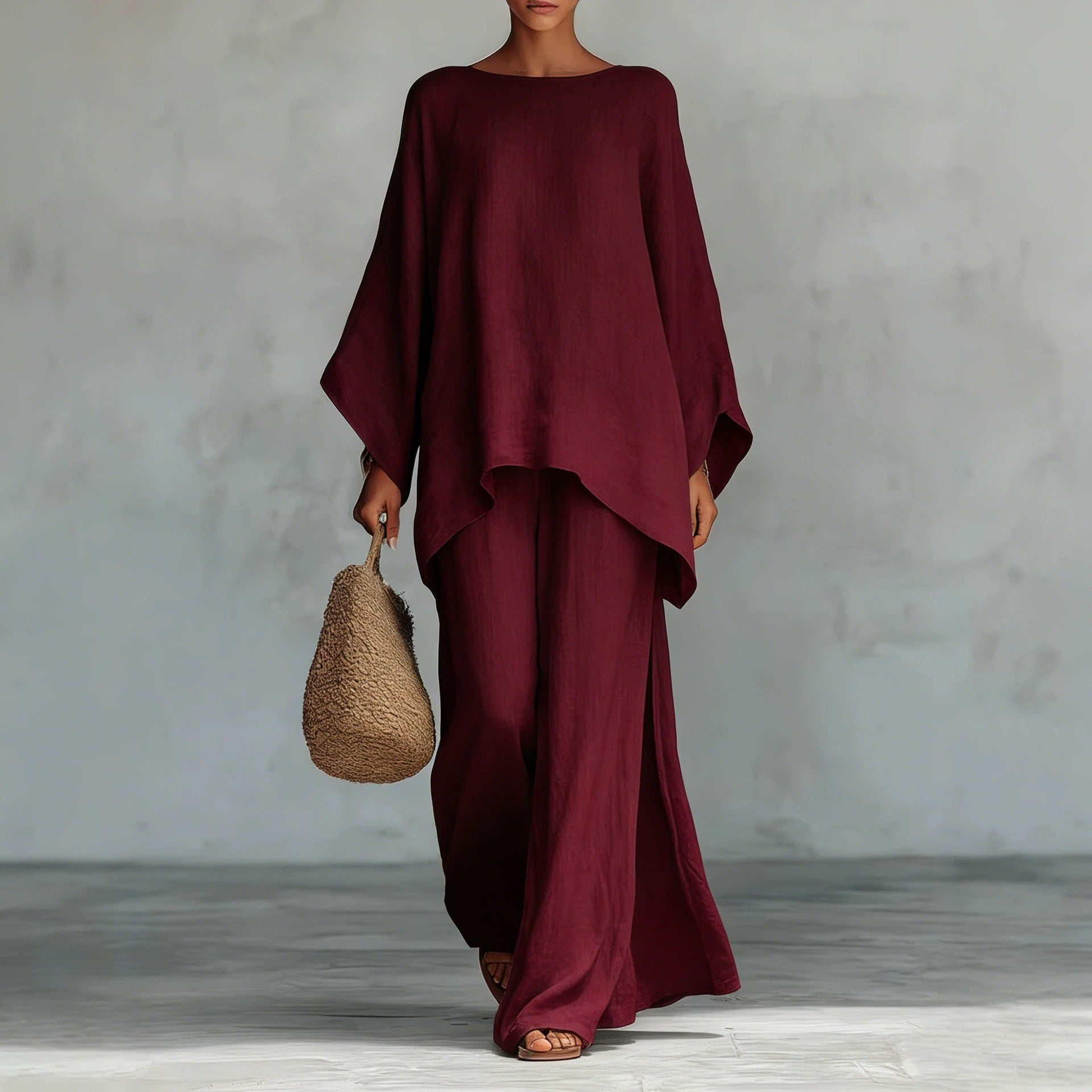 Linen-Blend Poncho Top & Wide-Leg Pants Set